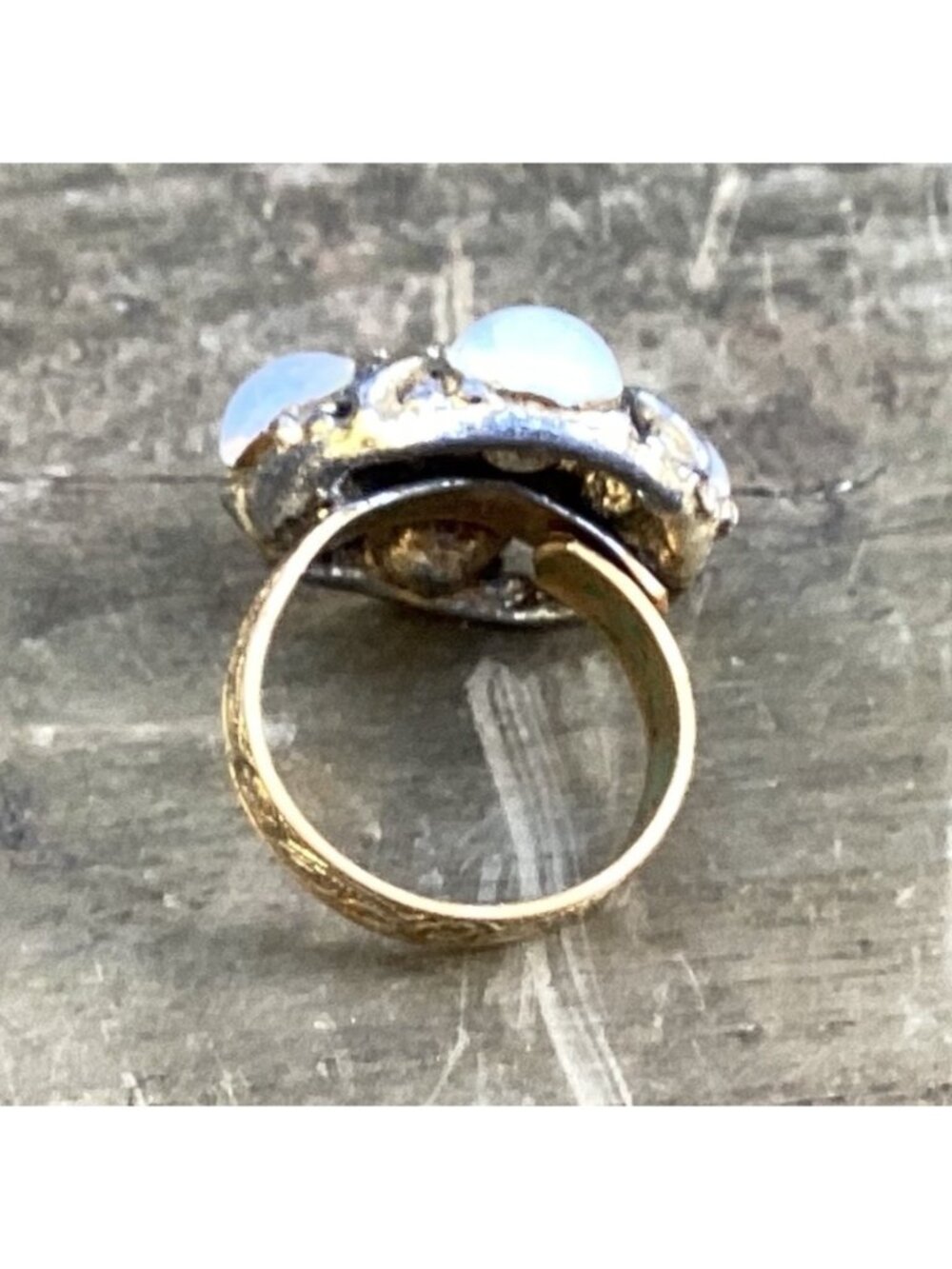 Vintage Ornate Faux Opal and Red Rhinestone Gold Tone Adjustable Cocktail Ring - Picture 5 of 7